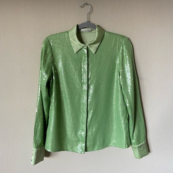 Alice + Olivia Willa Sequin Green Shirt Button Up Dress Shirt Size S - Picture 8 of 11